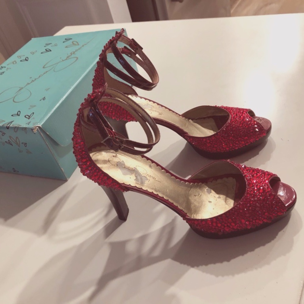 J Simpson Red Patent Leather Pumps with Swarovski